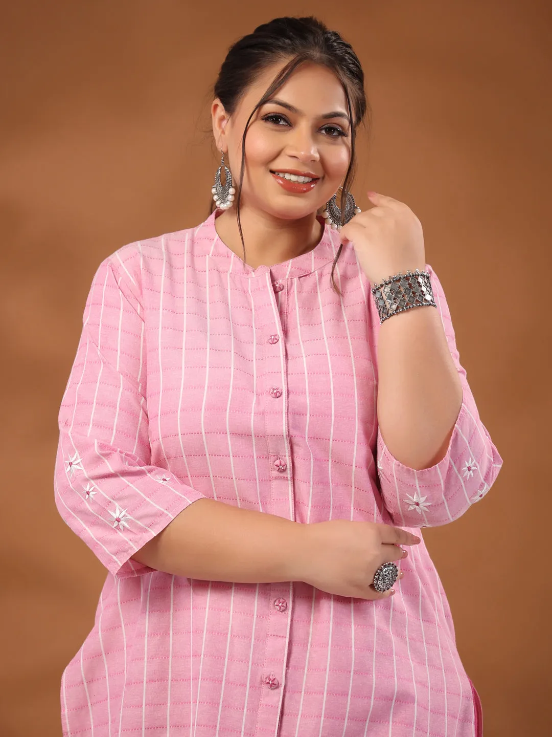 Pink Plus Size Self Weave Checks Straight Embroidered Kurta With Solid Pants