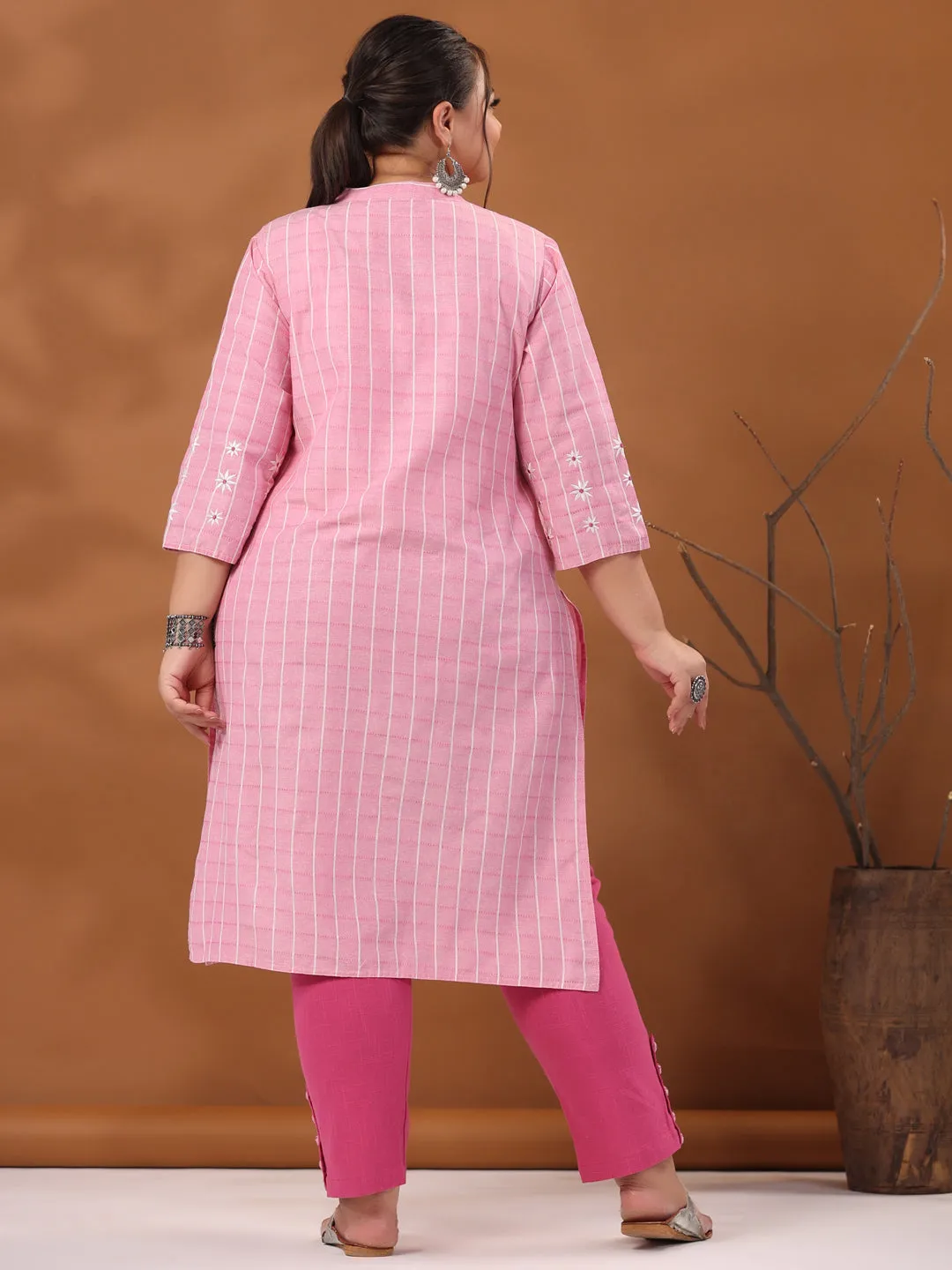 Pink Plus Size Self Weave Checks Straight Embroidered Kurta With Solid Pants