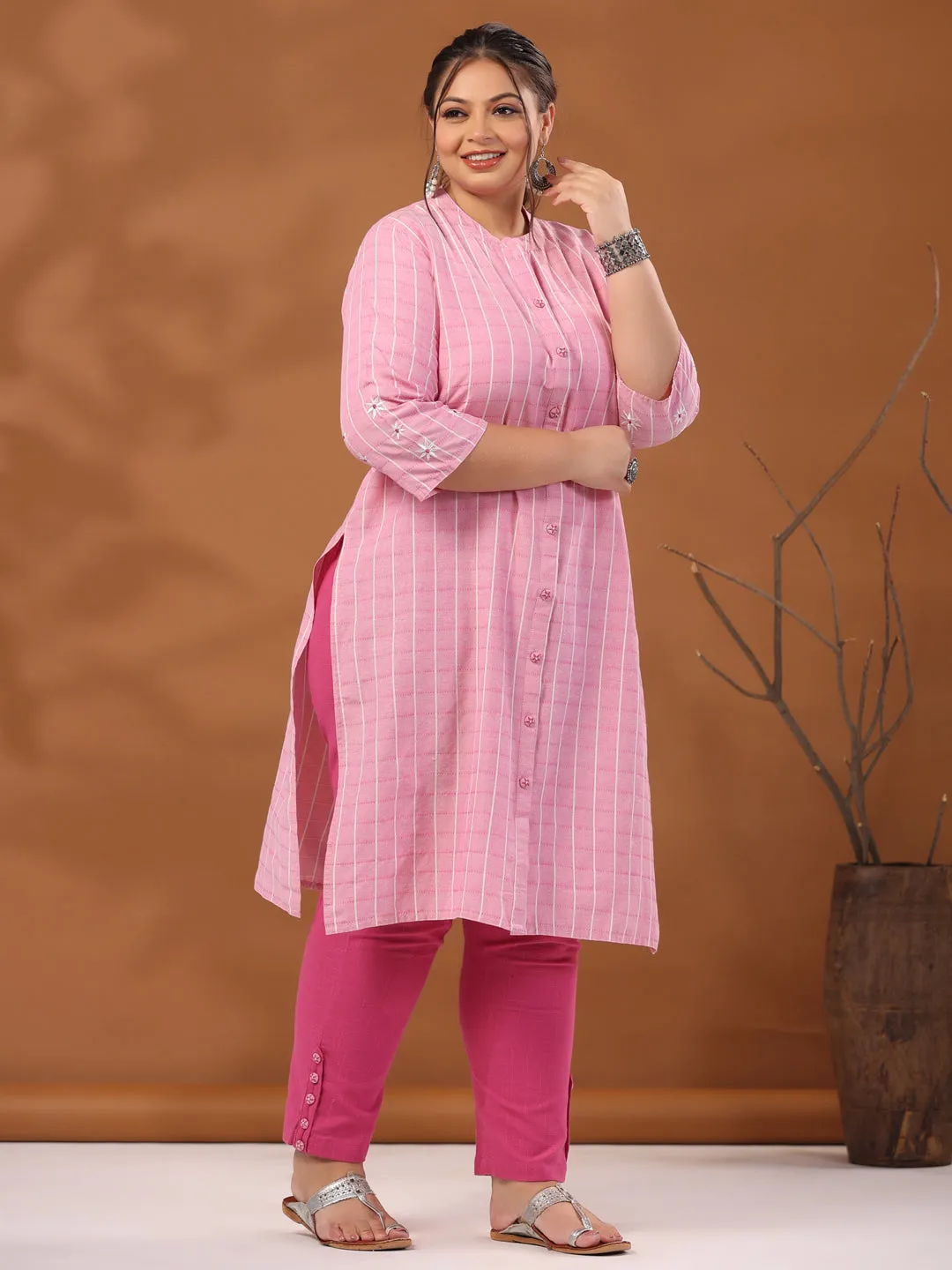 Pink Plus Size Self Weave Checks Straight Embroidered Kurta With Solid Pants