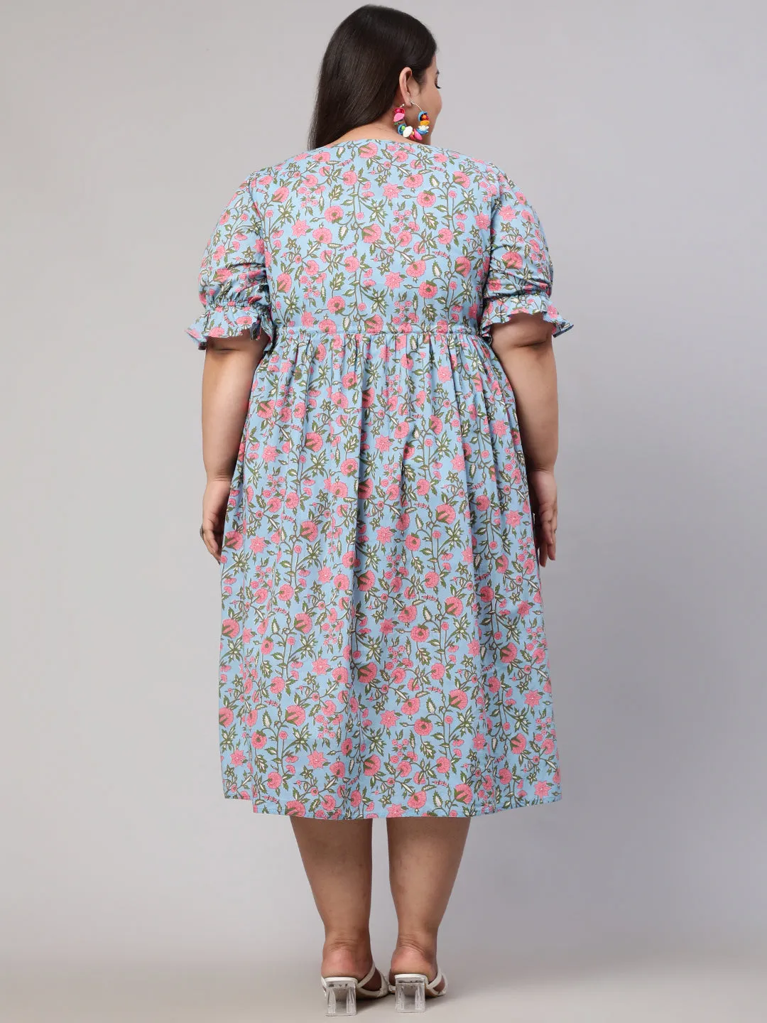 Plus Size Blue Ethnic Floral Printed Flared Dress