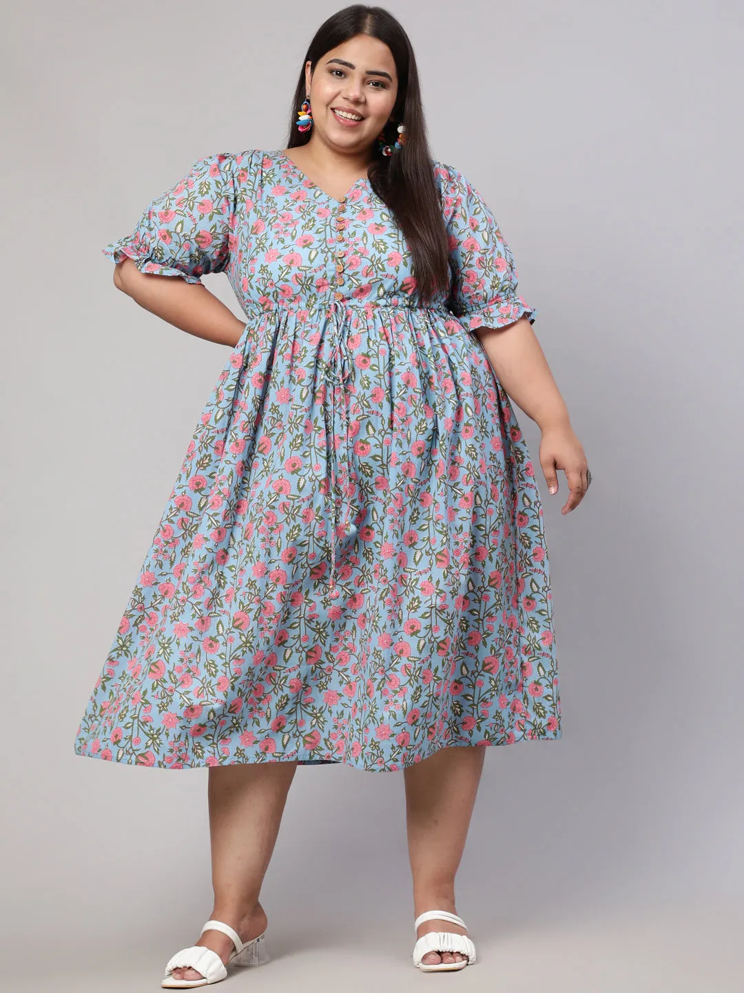 Plus Size Blue Ethnic Floral Printed Flared Dress