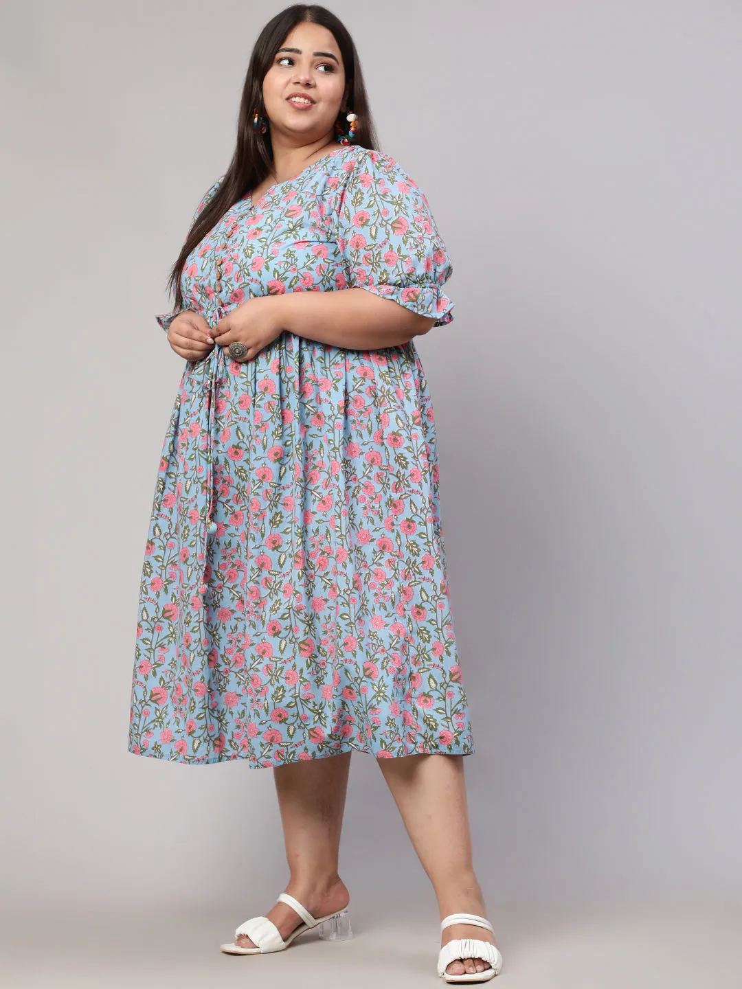 Plus Size Blue Ethnic Floral Printed Flared Dress