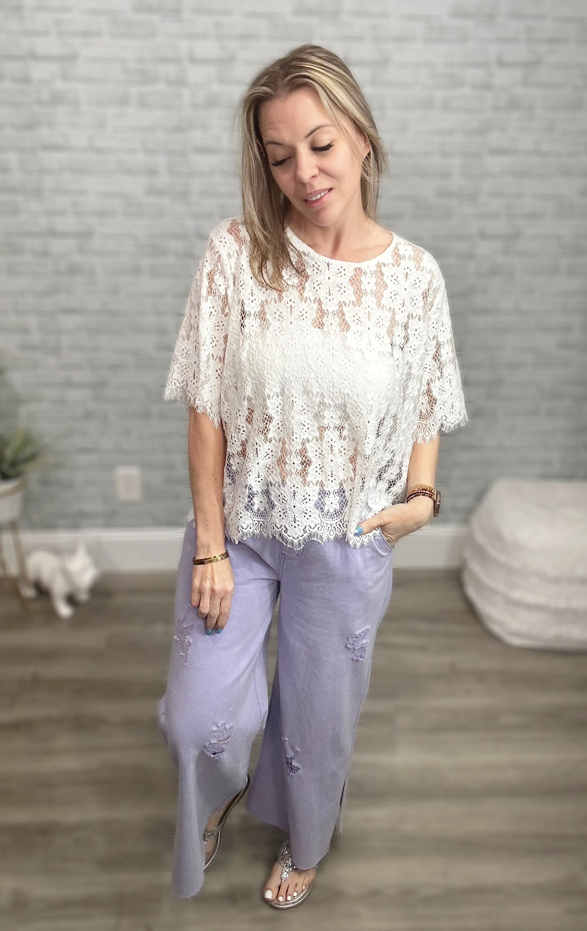 POL Lavender Wide Leg Denim Pants with Elastic Waist & Drawstring