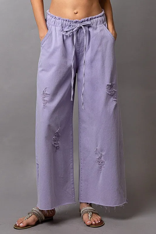 POL Lavender Wide Leg Denim Pants with Elastic Waist & Drawstring