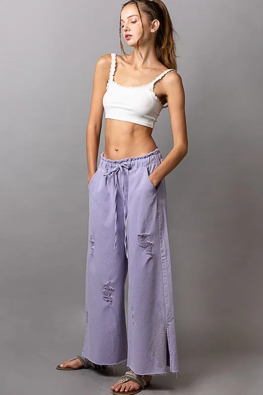 POL Lavender Wide Leg Denim Pants with Elastic Waist & Drawstring