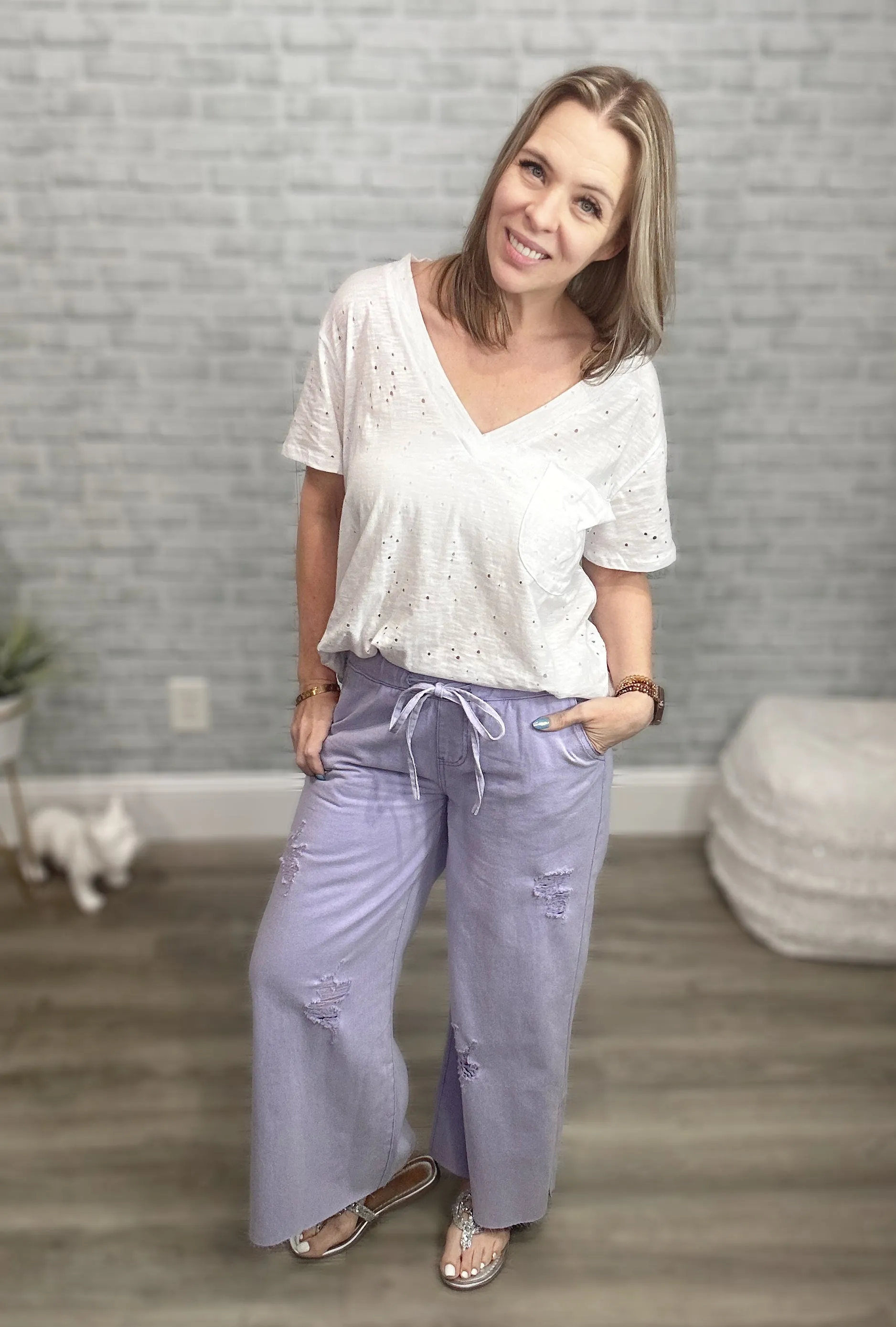 POL Lavender Wide Leg Denim Pants with Elastic Waist & Drawstring