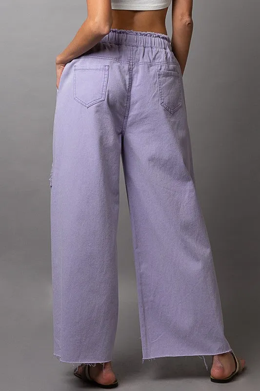 POL Lavender Wide Leg Denim Pants with Elastic Waist & Drawstring