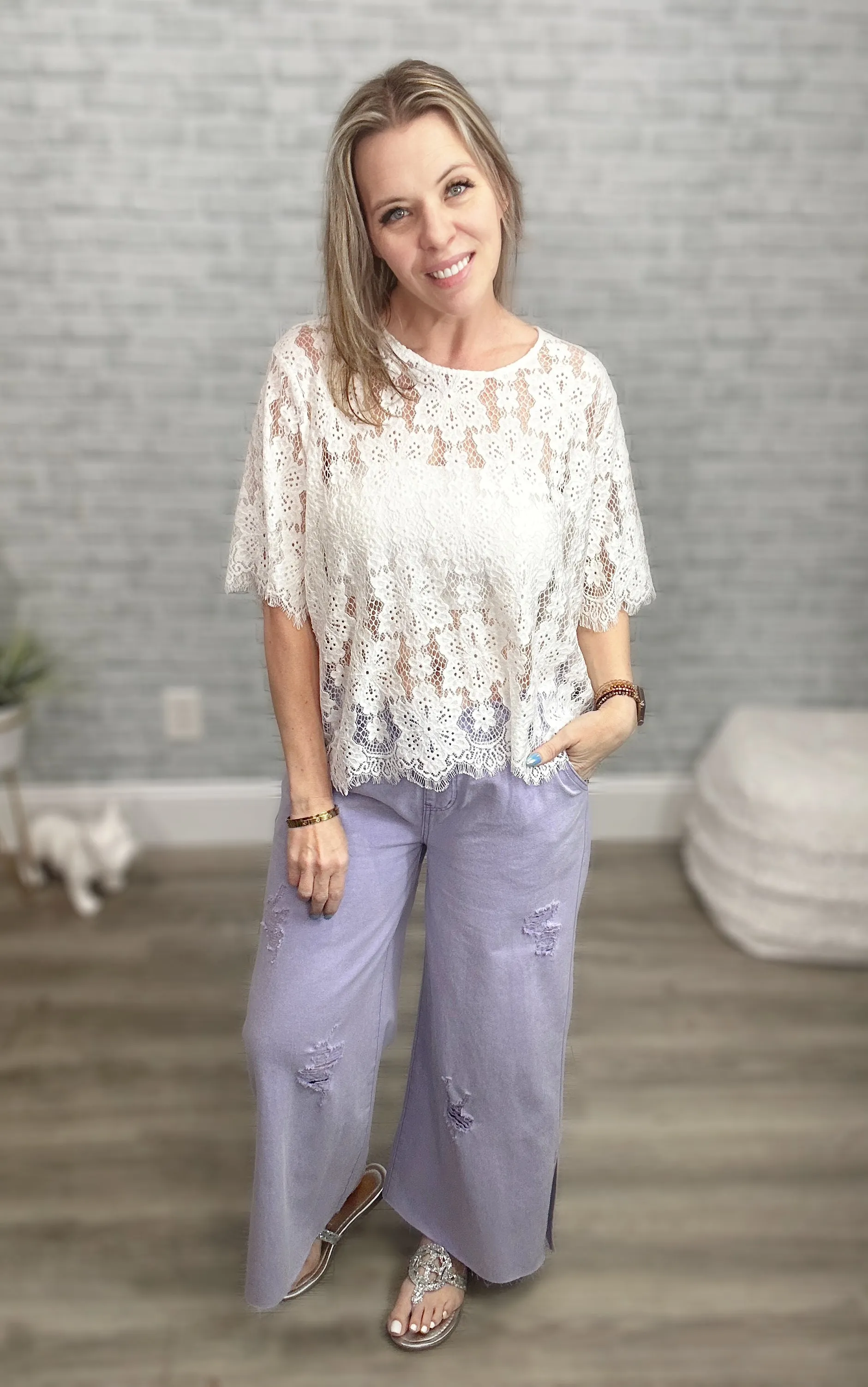 POL Lavender Wide Leg Denim Pants with Elastic Waist & Drawstring