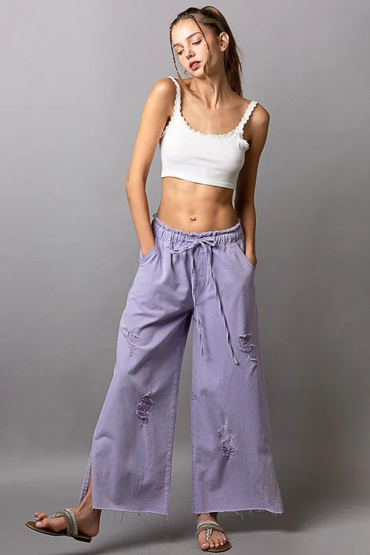 POL Lavender Wide Leg Denim Pants with Elastic Waist & Drawstring