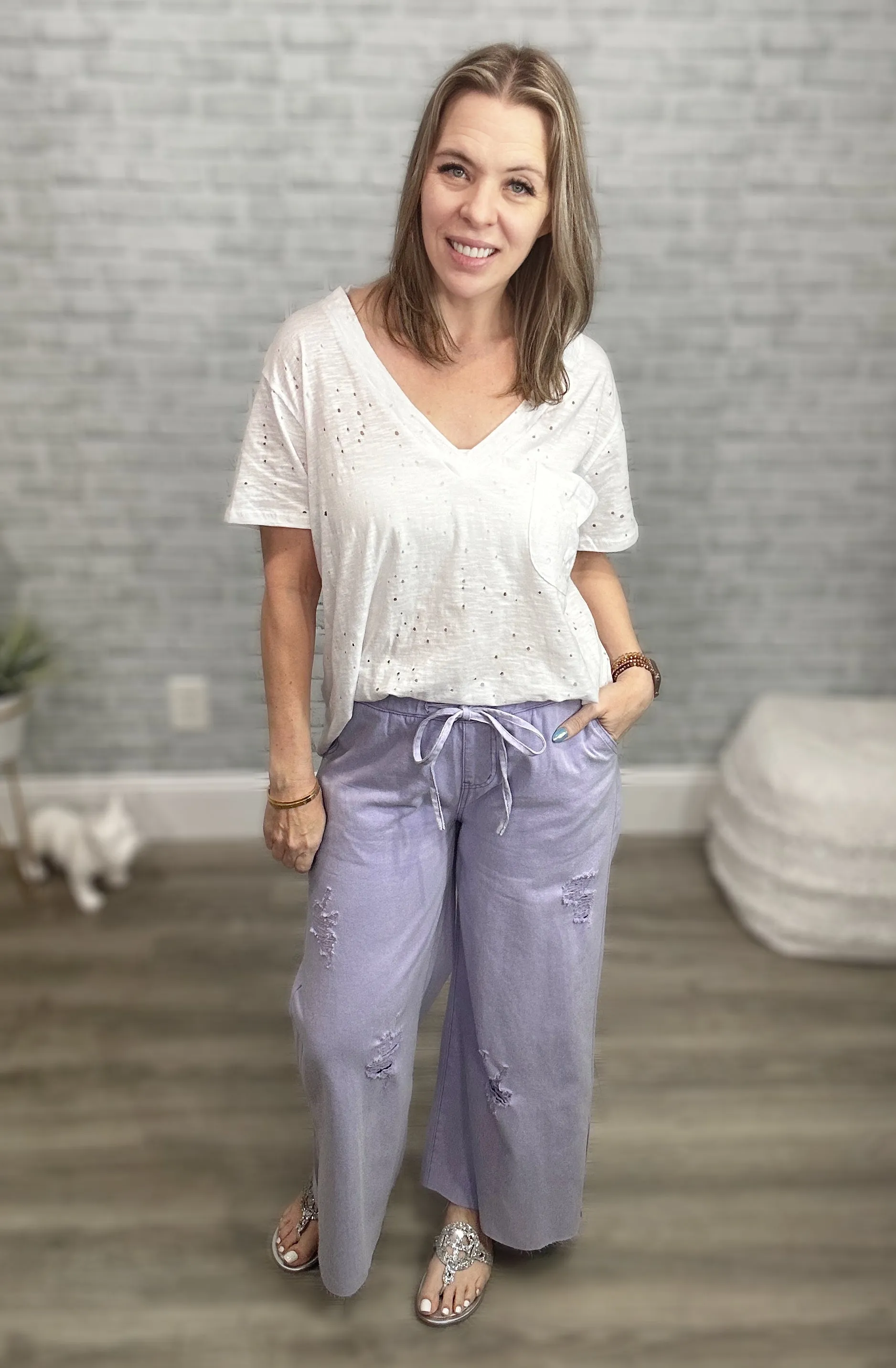 POL Lavender Wide Leg Denim Pants with Elastic Waist & Drawstring