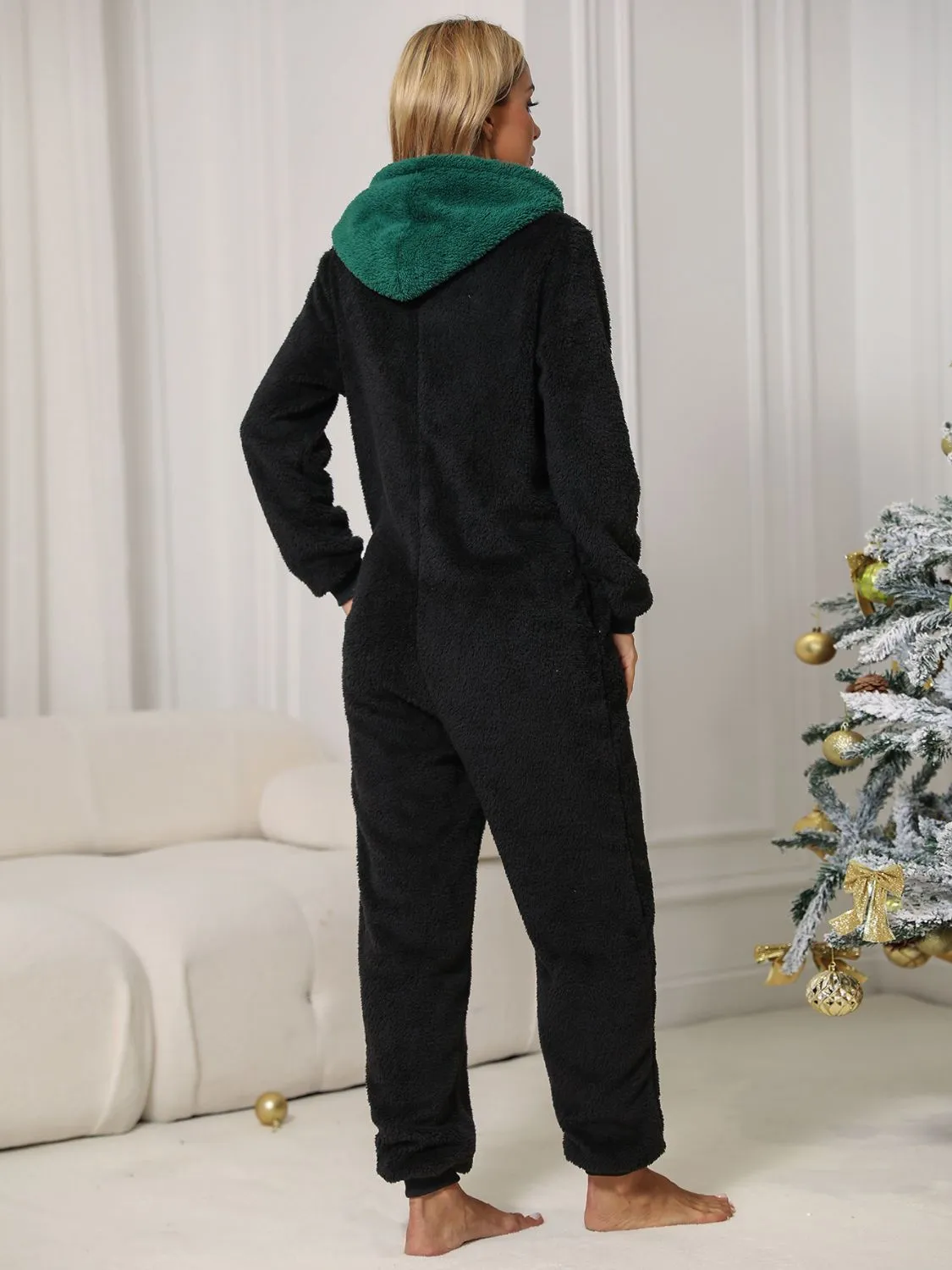 Pom-Pom Trim Zip Front Hooded Lounge Jumpsuit