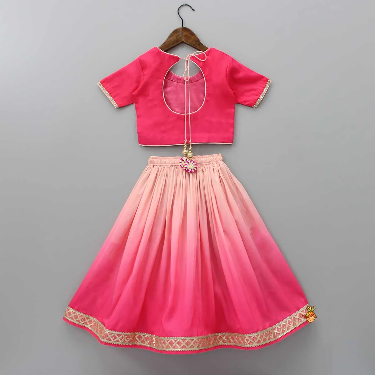 Pre Order: Cut Out Back Pink Top And Ombre Lehenga With Net Dupatta