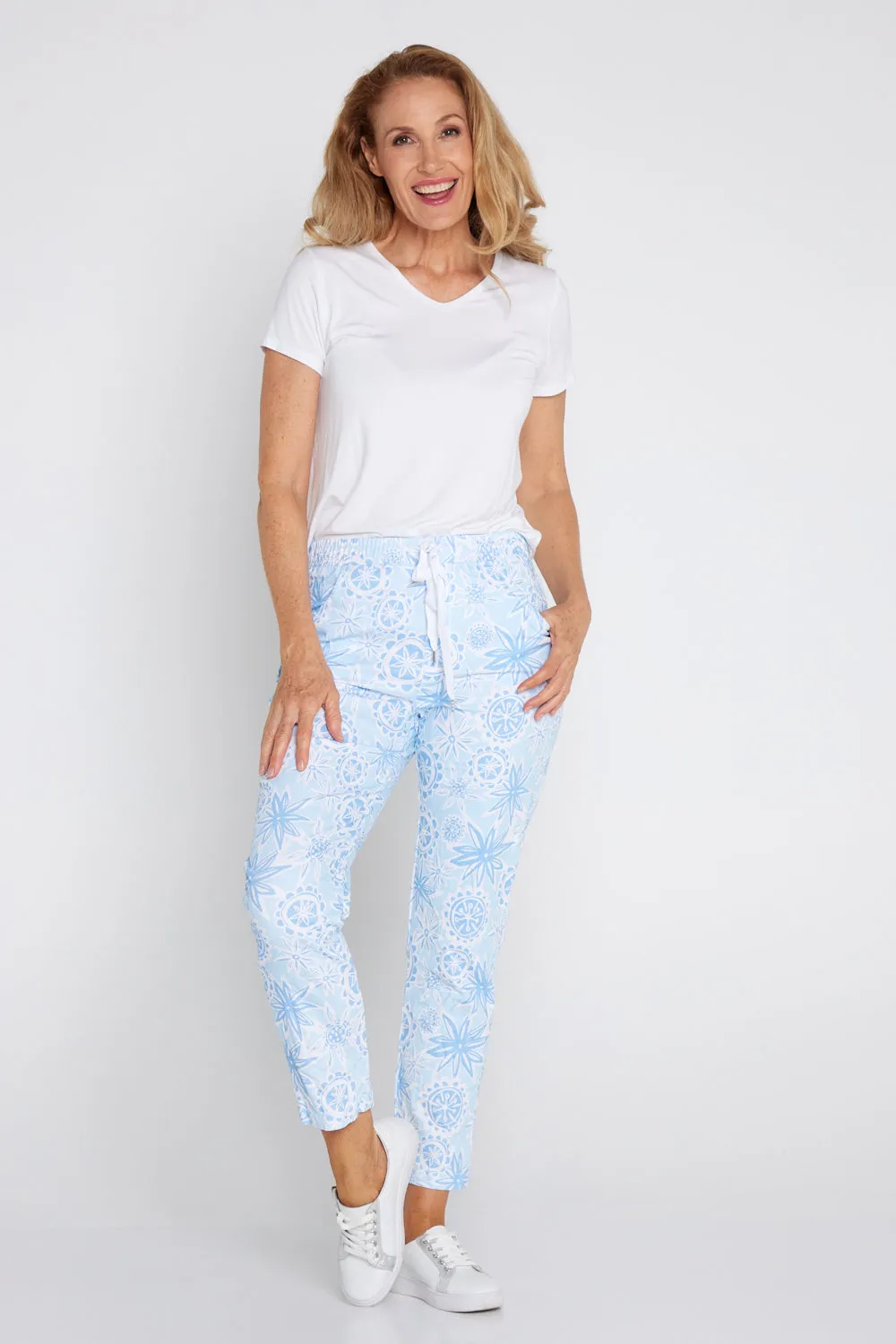 Printed Crushed Drawstring Pants - Summer Blue