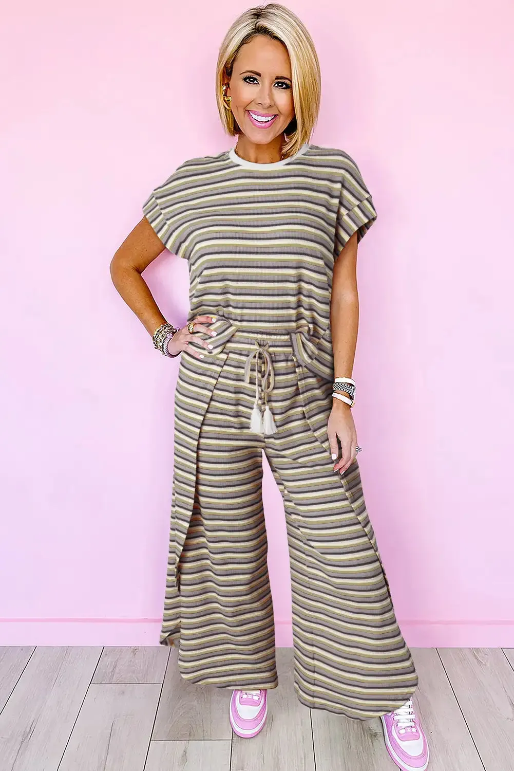 Rainbow Stripe Tassel Wide Leg Pants Set