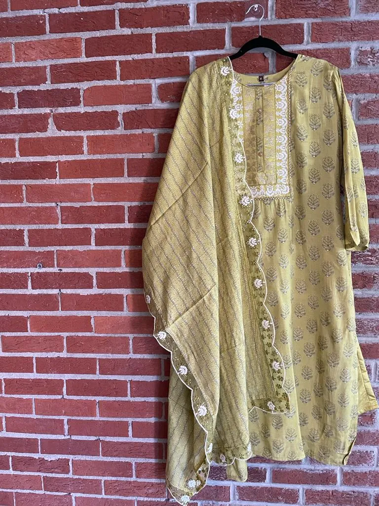 RFSS1134 - Muslin Silk Kurta in Sage Green. Comes with Straight pants and Dupatta