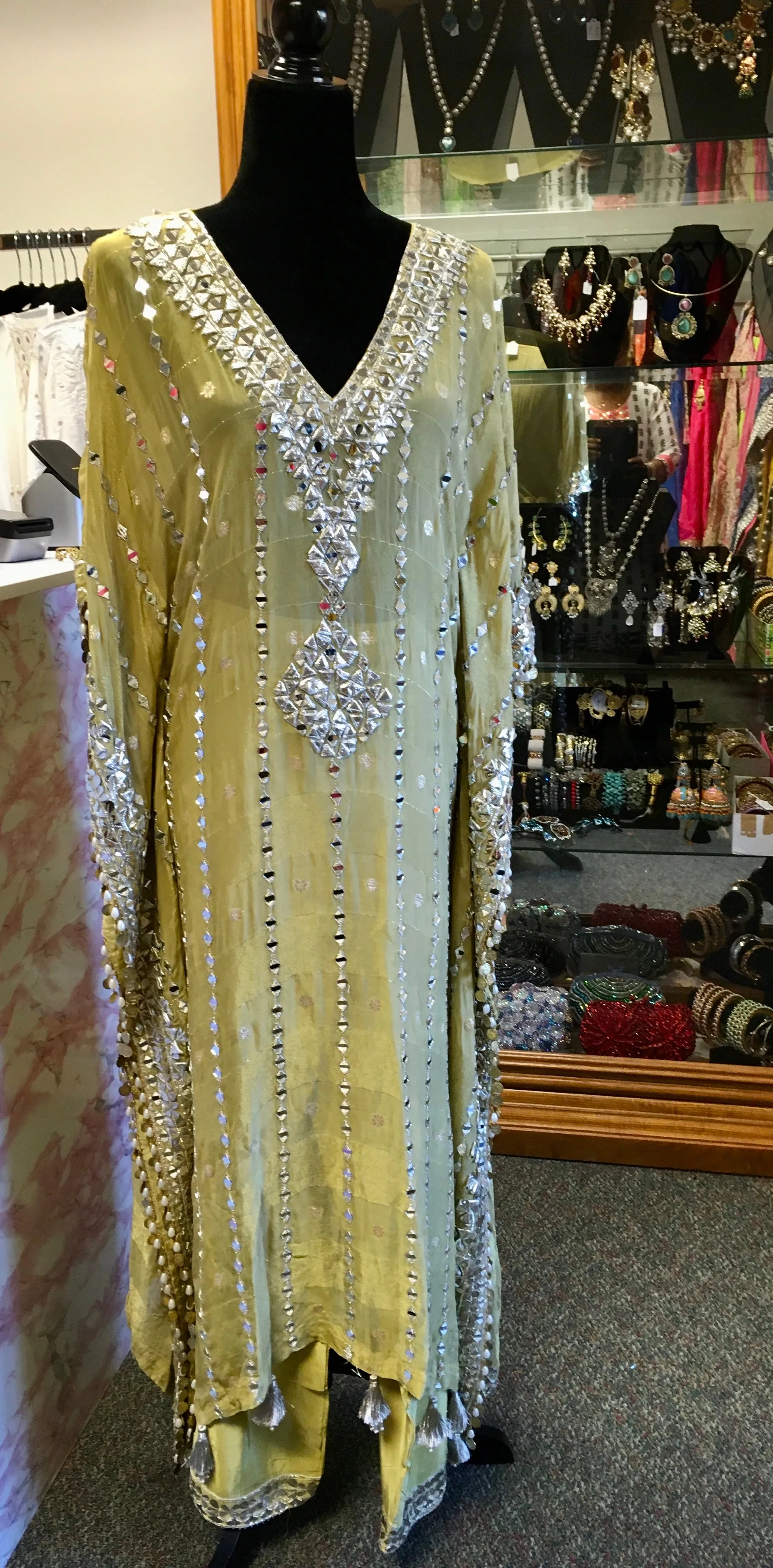 RFSS1905 - Pure Shimmer Georgette Pastel Green Heavy Mirror Work Kaftan With Straight Pants