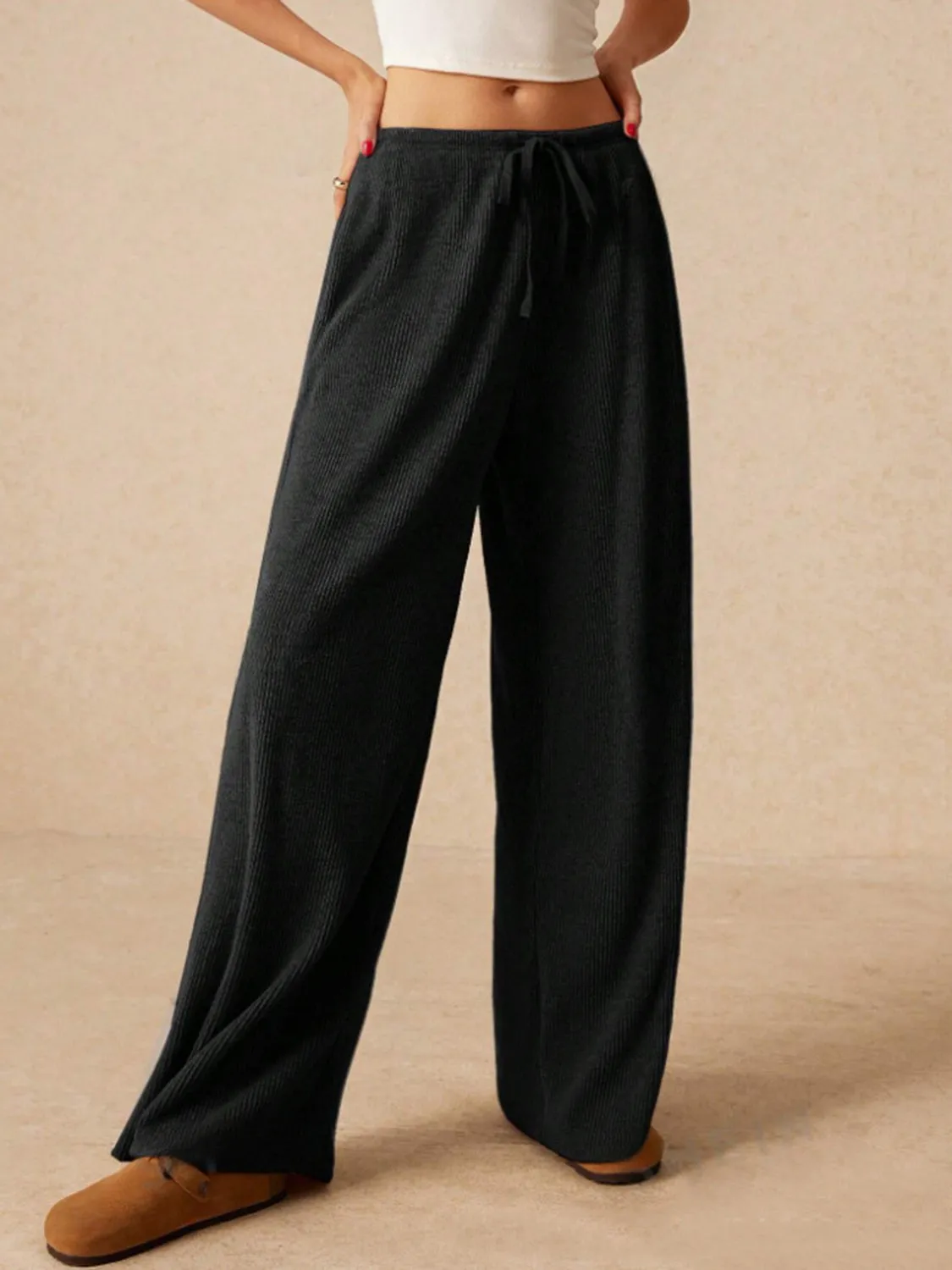 Ribbed Drawstring Wide Leg Pants