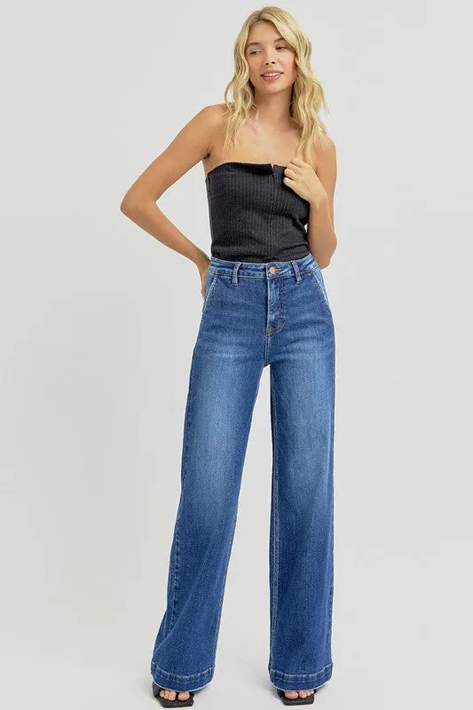 Rudy High Rise Slanted Pocket Wide Leg Jeans Dark Wash