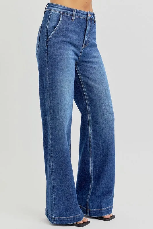 Rudy High Rise Slanted Pocket Wide Leg Jeans Dark Wash