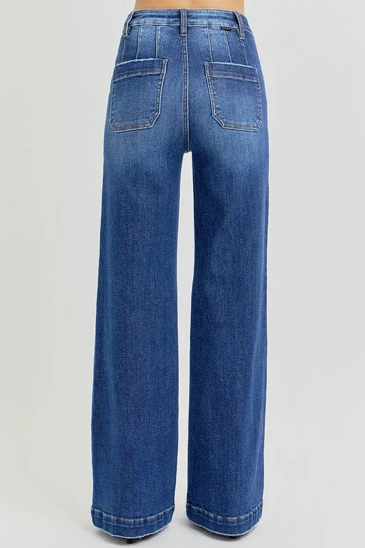 Rudy High Rise Slanted Pocket Wide Leg Jeans Dark Wash