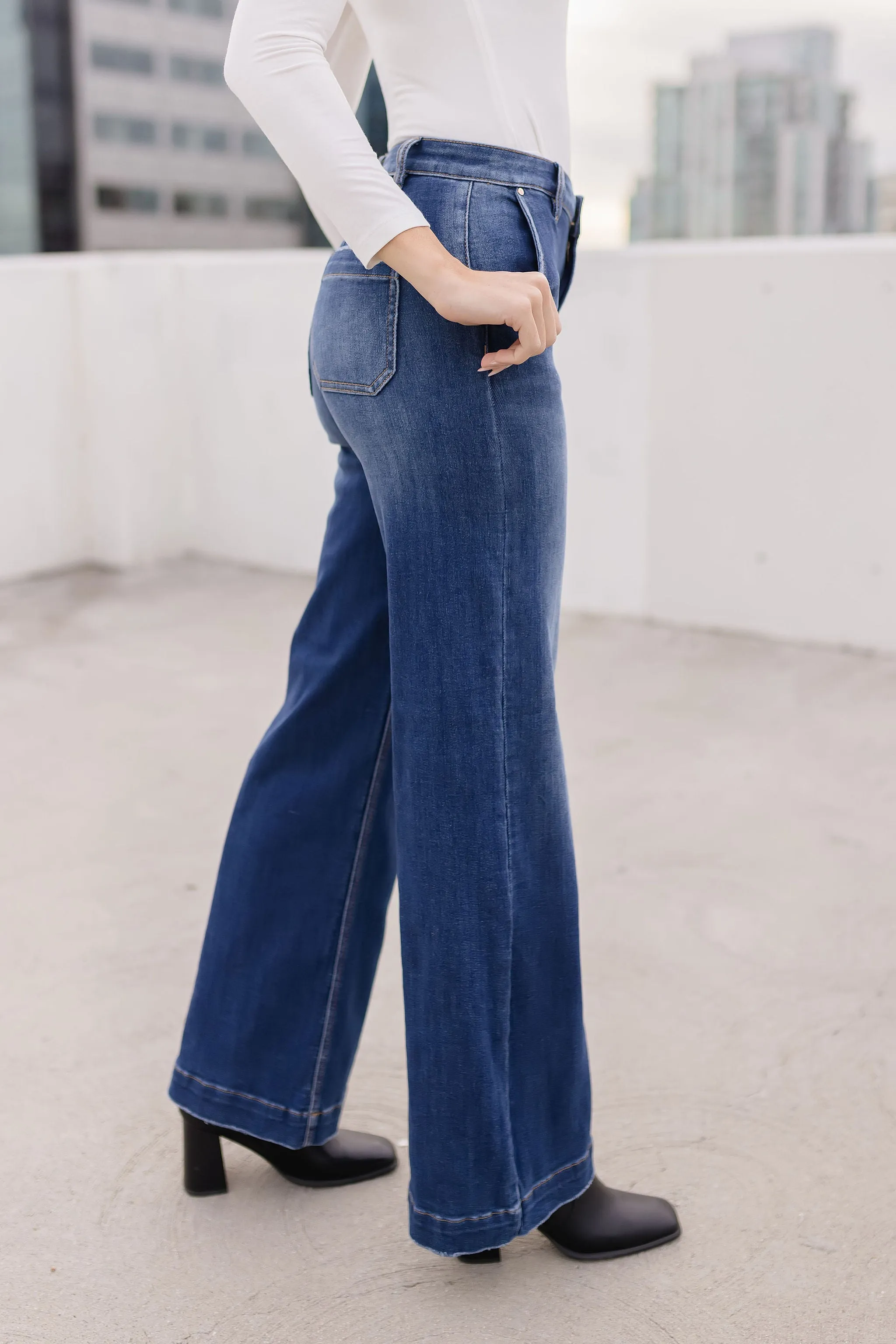 Rudy High Rise Slanted Pocket Wide Leg Jeans Dark Wash