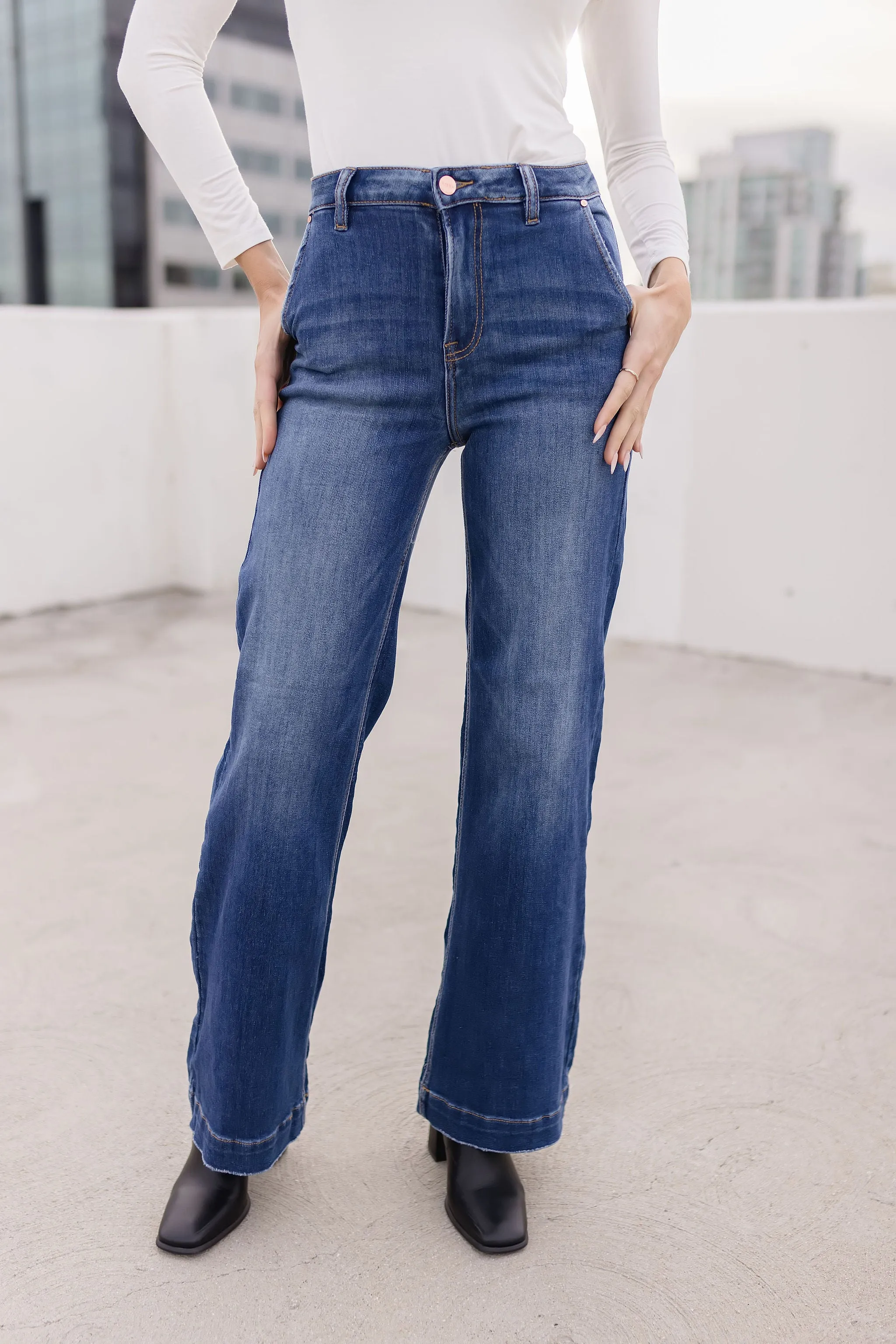 Rudy High Rise Slanted Pocket Wide Leg Jeans Dark Wash