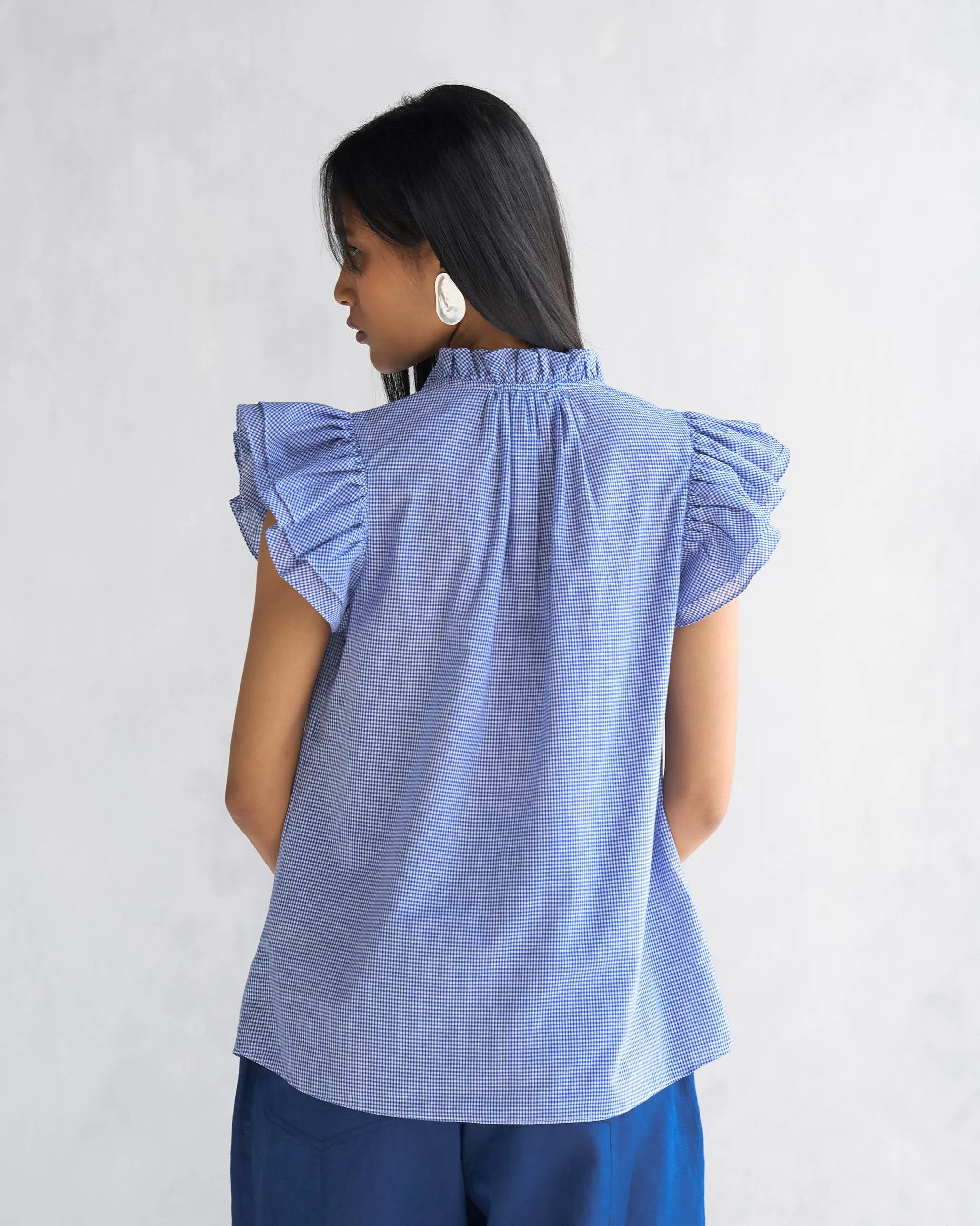 Ruffle Collar Shirt - Blue & White