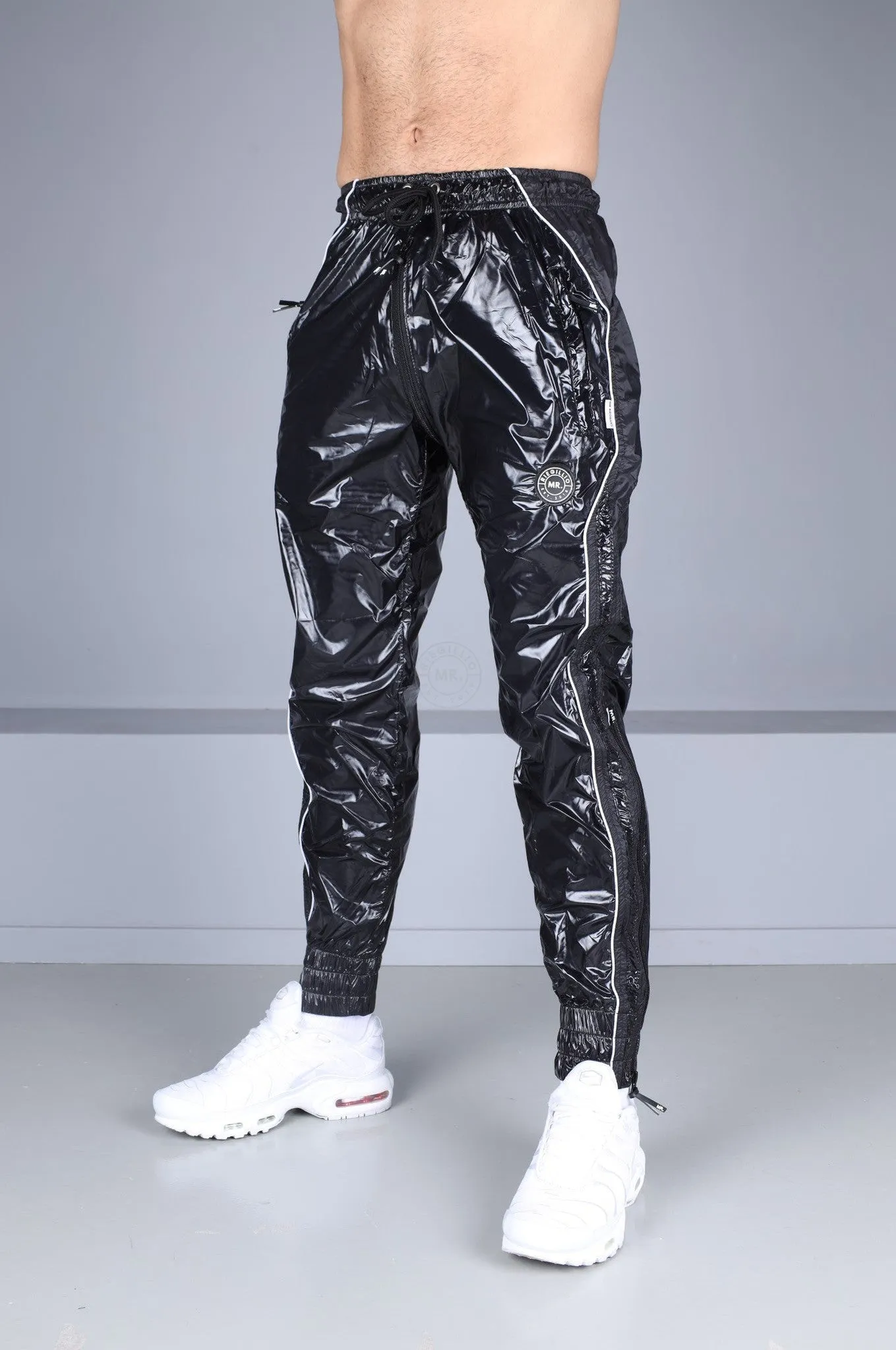 Shiny Nylon 24 Tracksuit Pants Thru Zip - Black