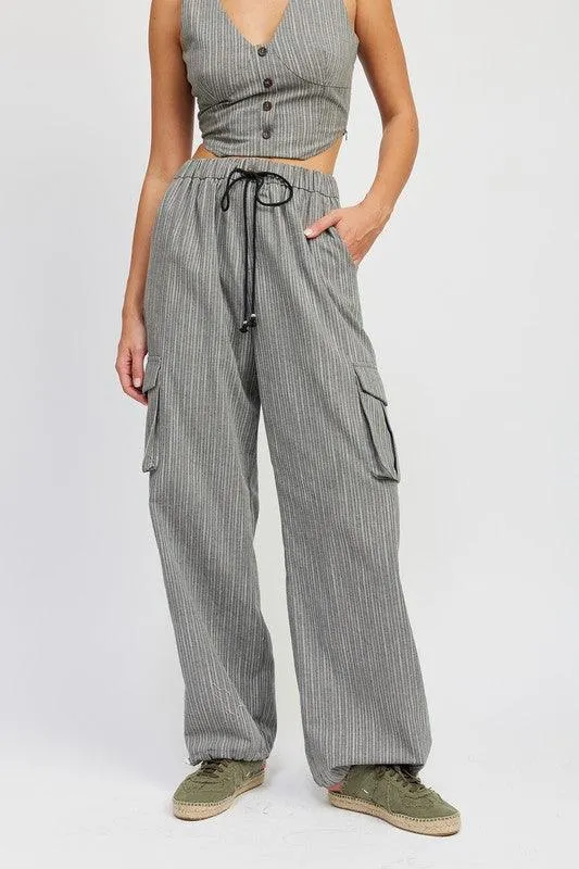 Striped Cargo Pants with Drawstring