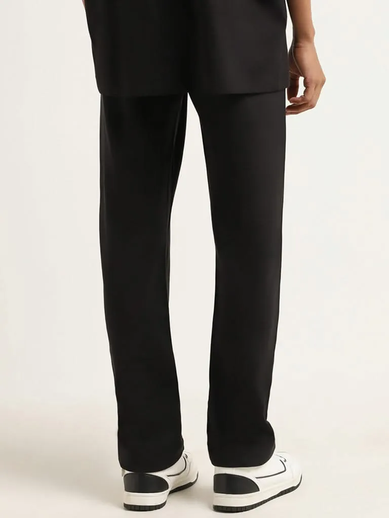 Studiofit Black Plain Cotton Blend Relaxed Fit Track Pants