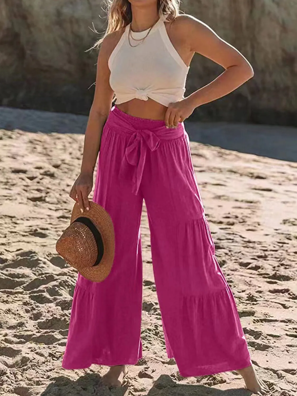 Tied Ruched Wide Leg Beach Pants