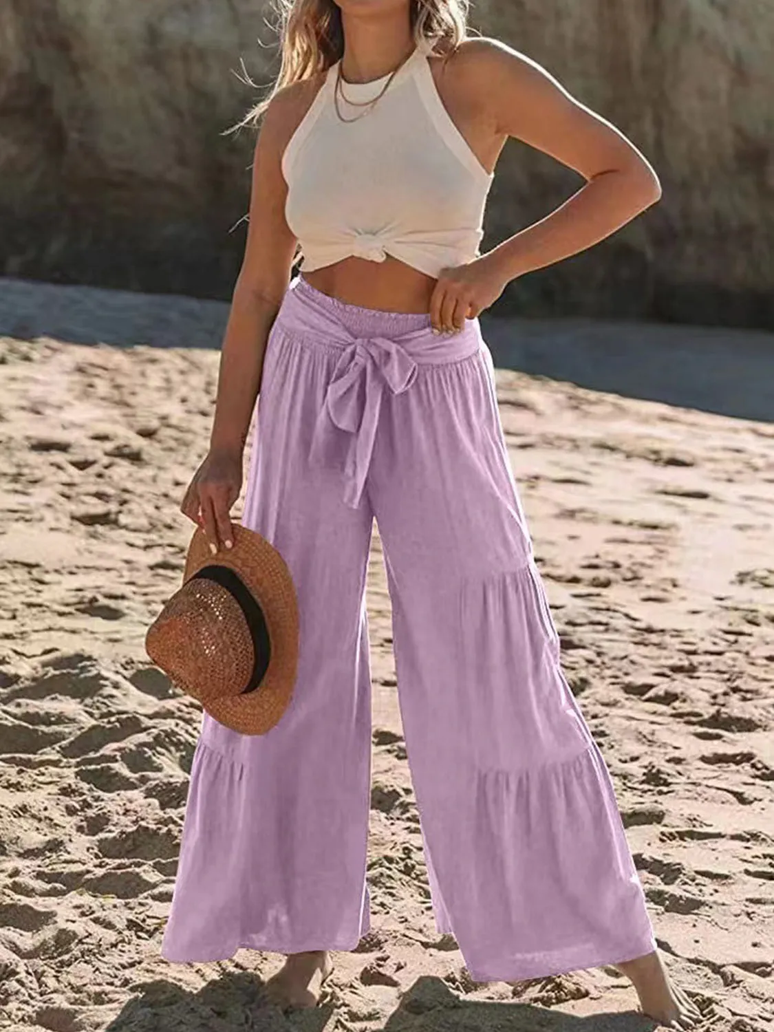 Tied Ruched Wide Leg Beach Pants