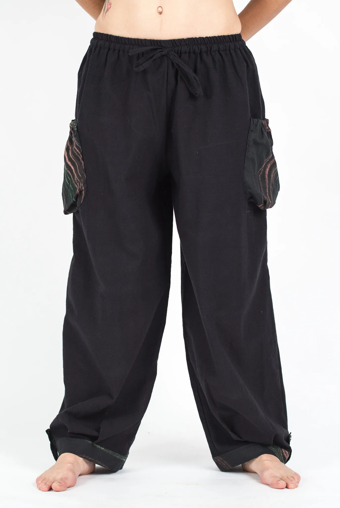 Unisex Drawstring Cotton Pants with Hill Tribe Trim in Black