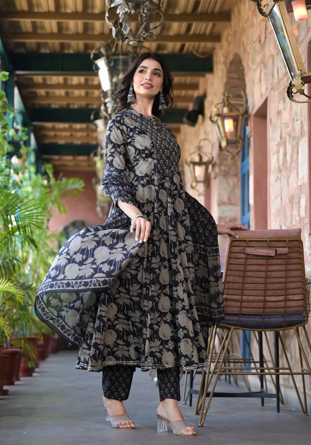 Varanga Women Black Mandarin Collar Embellished Yoke Three-Quarter Sleeves Paired With Printed Bottom And Dupatta