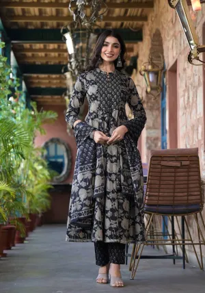 Varanga Women Black Mandarin Collar Embellished Yoke Three-Quarter Sleeves Paired With Printed Bottom And Dupatta