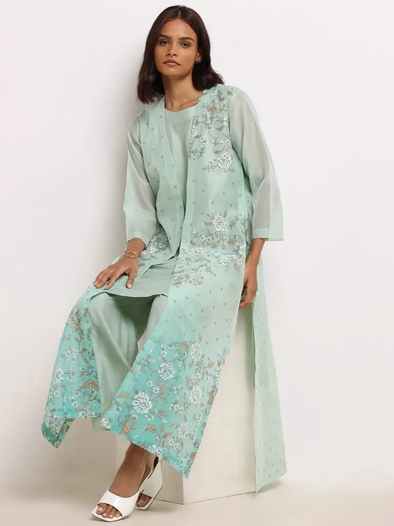 Vark Turquoise Floral Kurta, Pants with Jacket Set