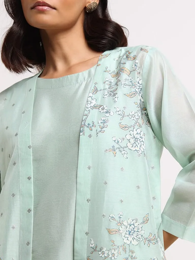 Vark Turquoise Floral Kurta, Pants with Jacket Set