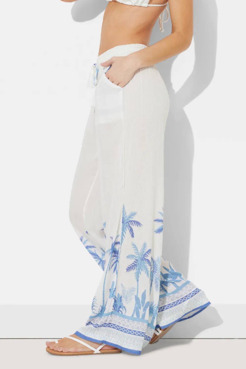 White W/ Tonal Blue Palm Printed Rayon Crinkle Pant