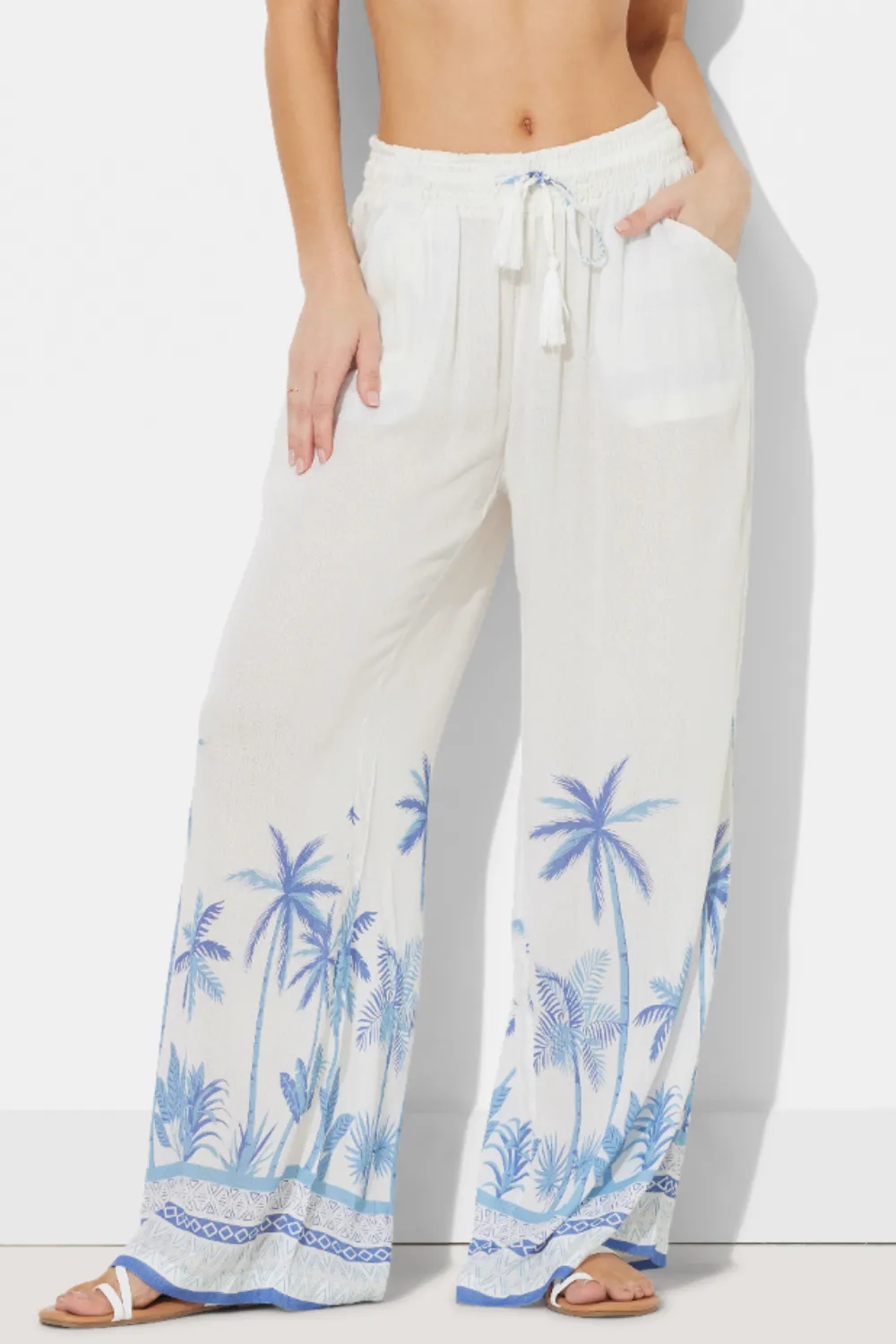 White W/ Tonal Blue Palm Printed Rayon Crinkle Pant