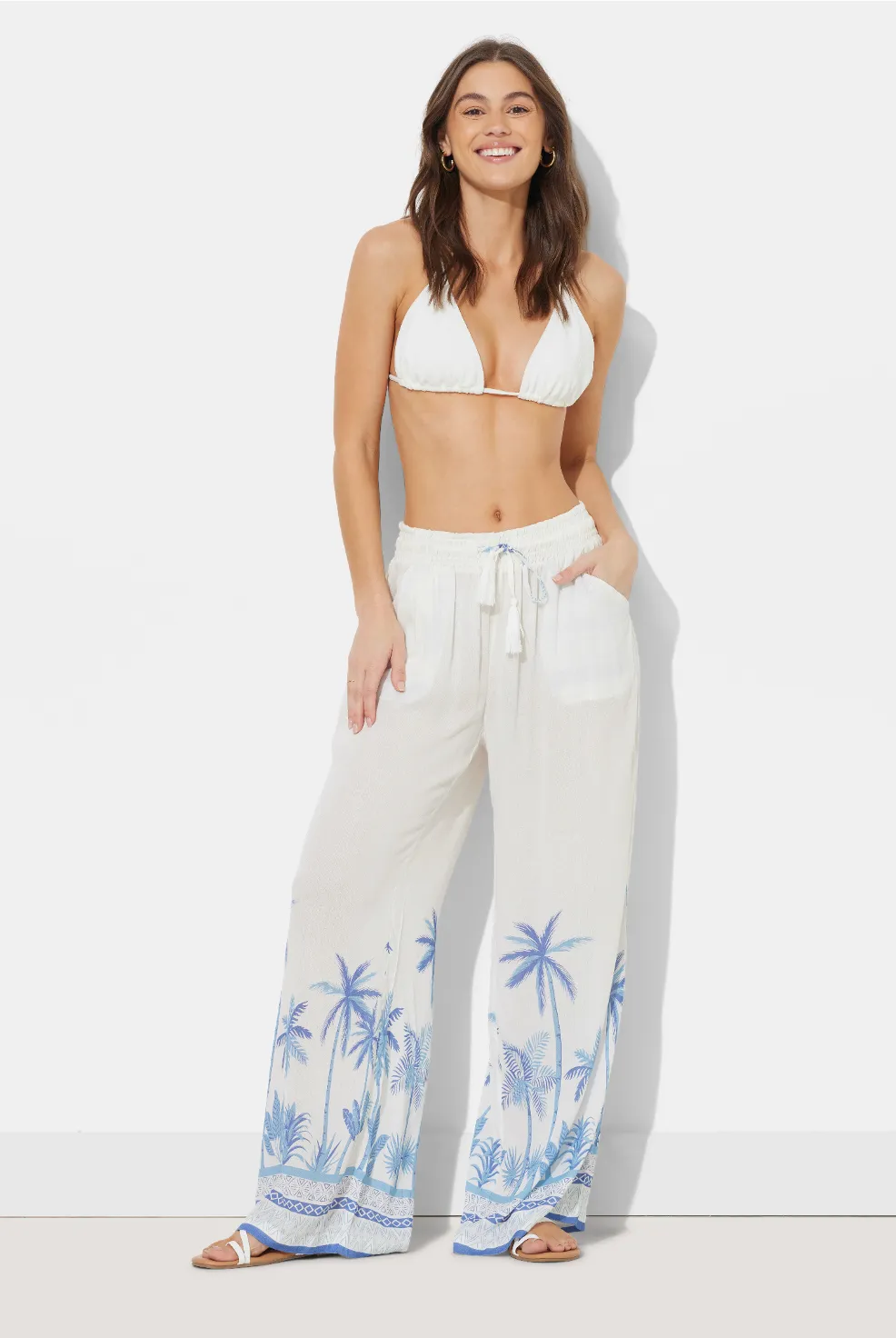 White W/ Tonal Blue Palm Printed Rayon Crinkle Pant