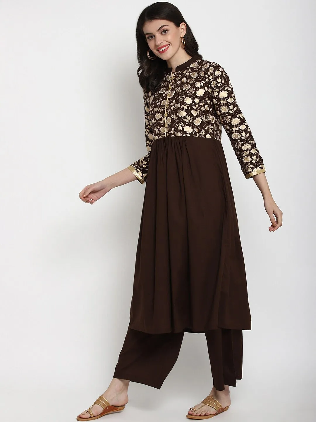 Women Coffee Brown Floral Print Kurta With Palazzos & Dupatta