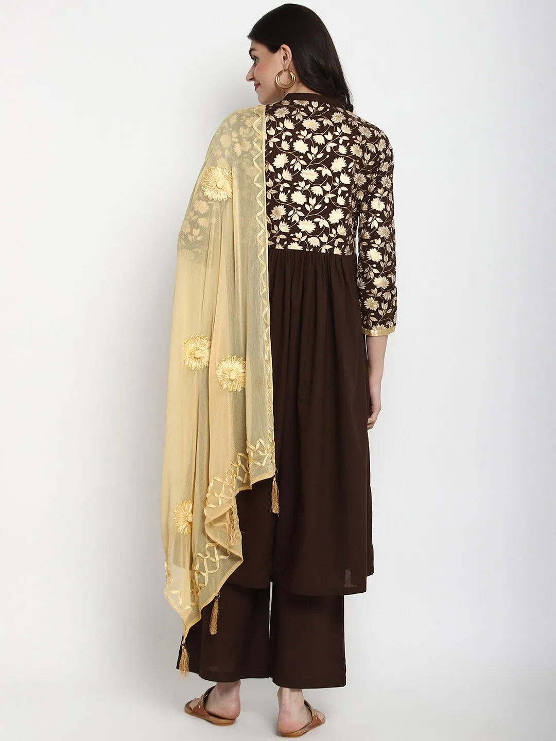 Women Coffee Brown Floral Print Kurta With Palazzos & Dupatta