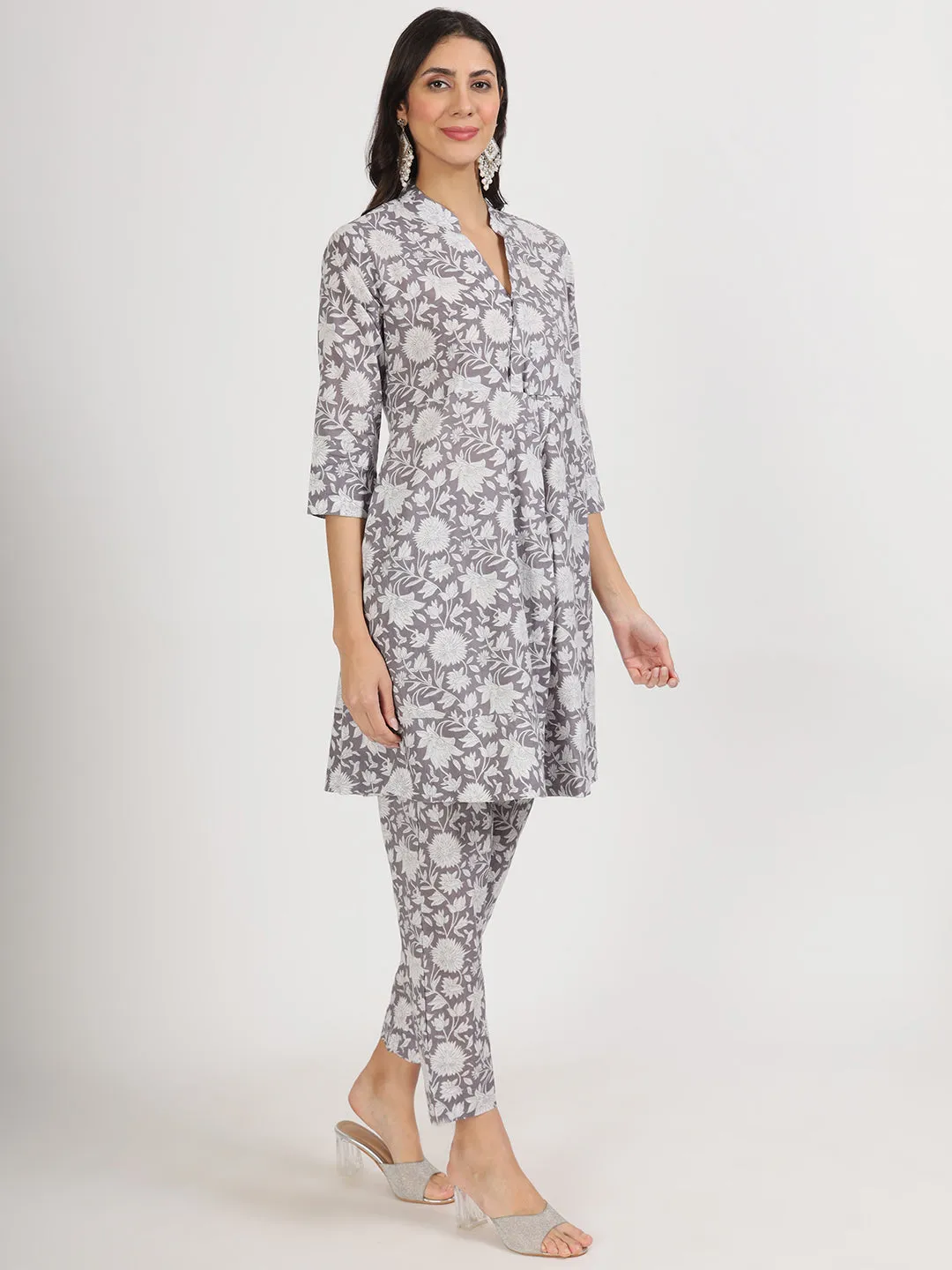 Women Grey Floral Printed Cotton Co Ord Set