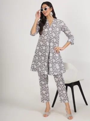 Women Grey Floral Printed Cotton Co Ord Set