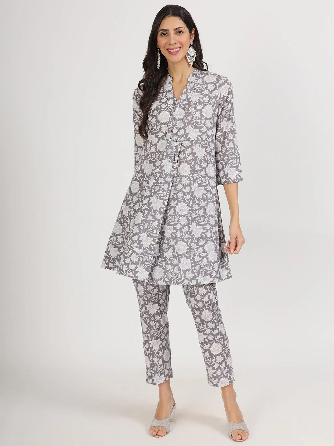 Women Grey Floral Printed Cotton Co Ord Set