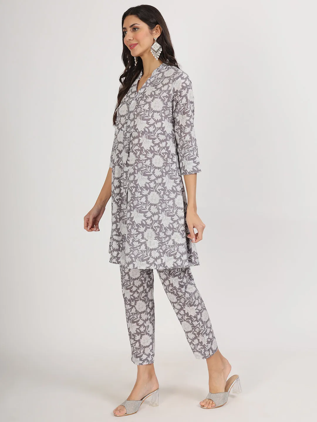 Women Grey Floral Printed Cotton Co Ord Set