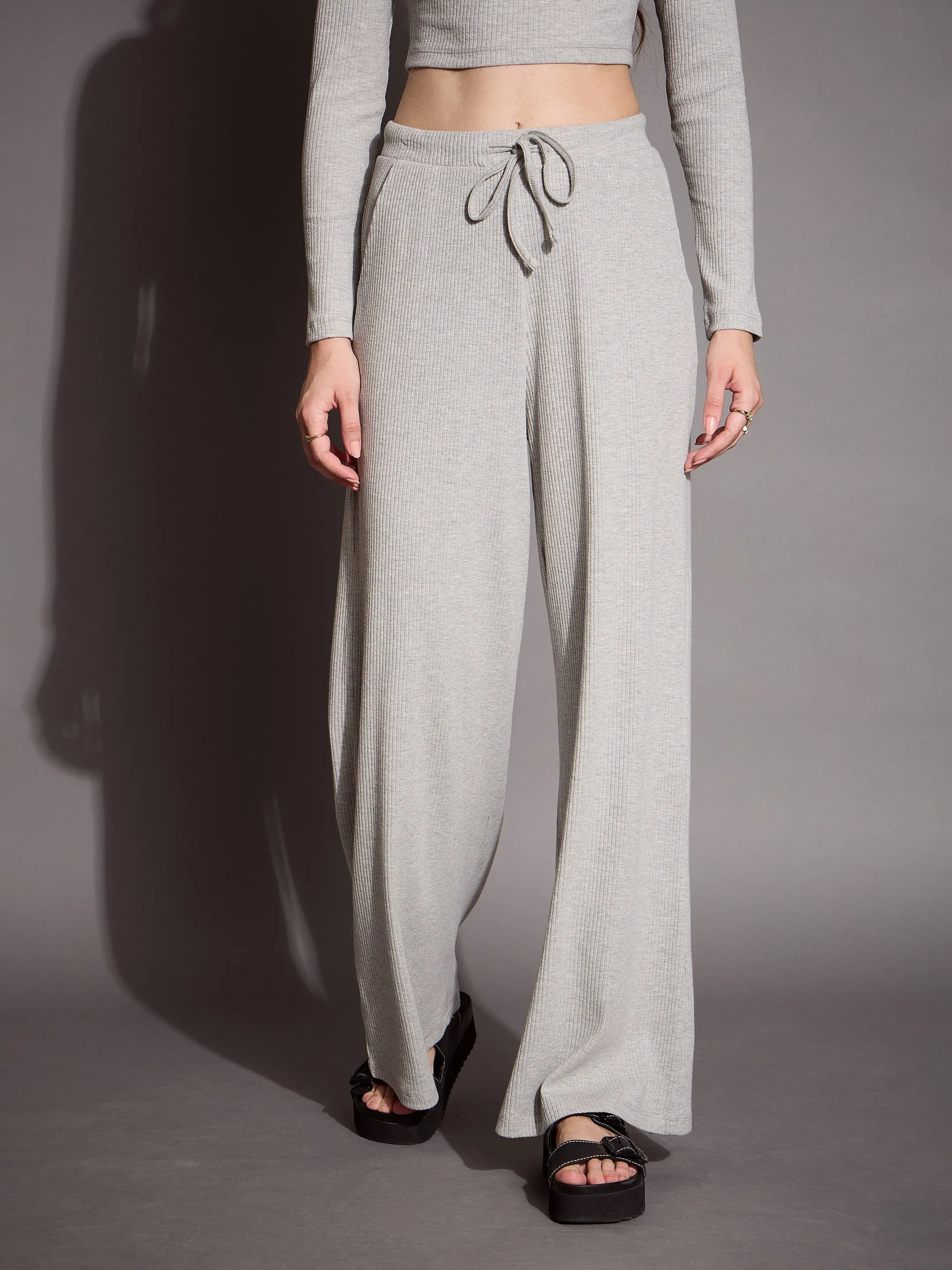 Women Grey Melange Full Sleeves Top With Drawstring Pants