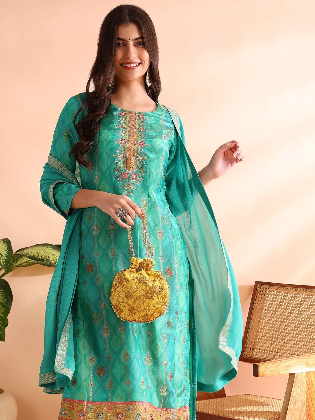 Women Sea Green Silk Blend Ethnic Motifs Woven Design Straight Kurta Trousers With Dupatta