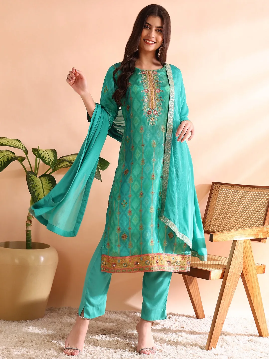 Women Sea Green Silk Blend Ethnic Motifs Woven Design Straight Kurta Trousers With Dupatta