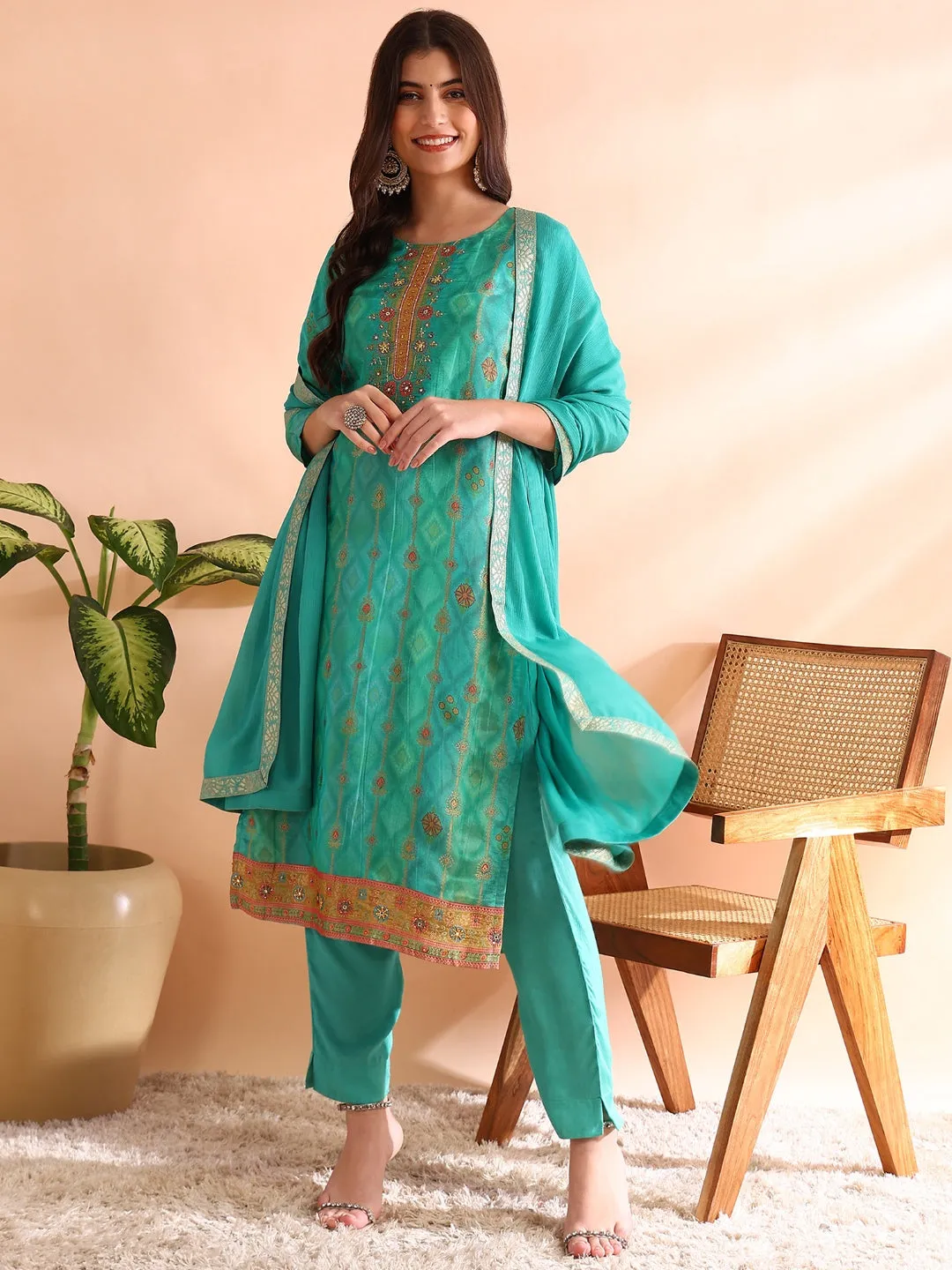 Women Sea Green Silk Blend Ethnic Motifs Woven Design Straight Kurta Trousers With Dupatta